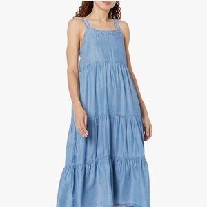 Chambray Tiered Maxi Dress in Light Blue